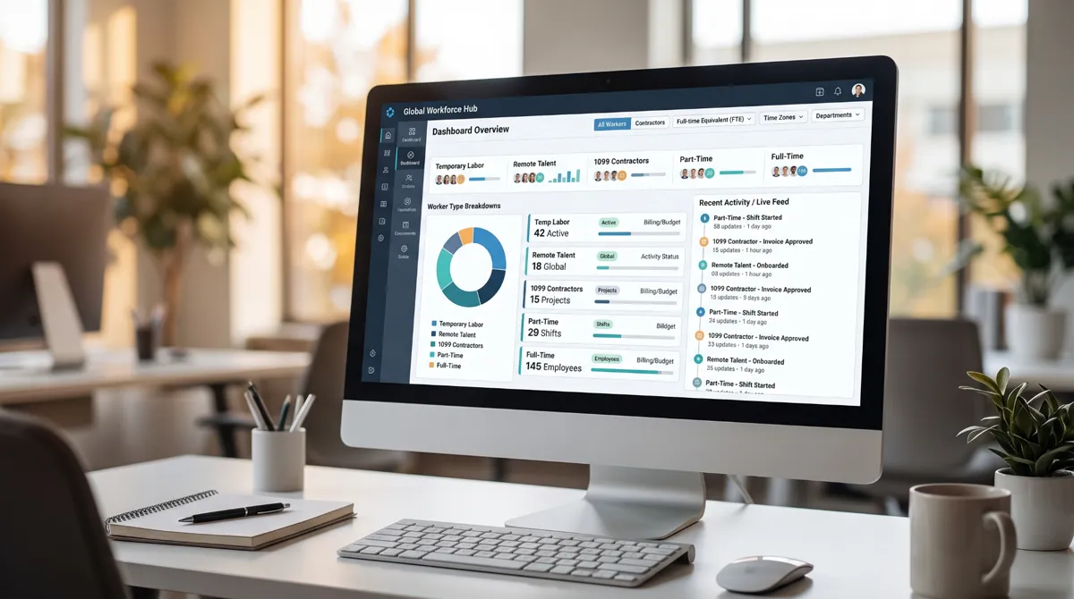 StaffLogic workforce dashboard on a desktop monitor